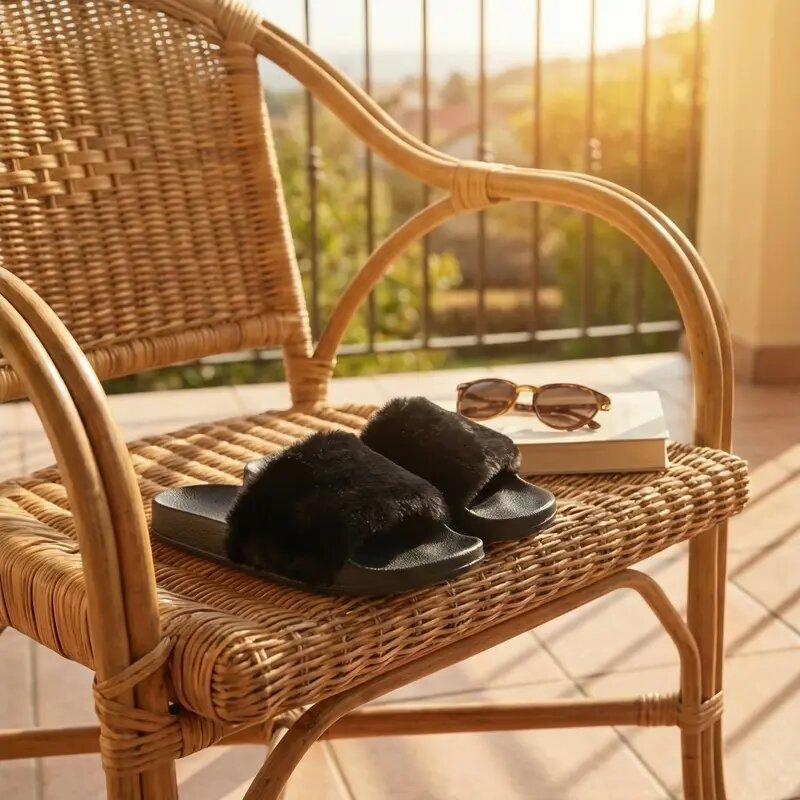 Women's Fuzzy Flip Flops Open Toe Memory Foam House Slides Casual Flat Slippers for Indoor & Outdoor Use Cork Footbed Anti-Slip Cashmere Faux Fur Material