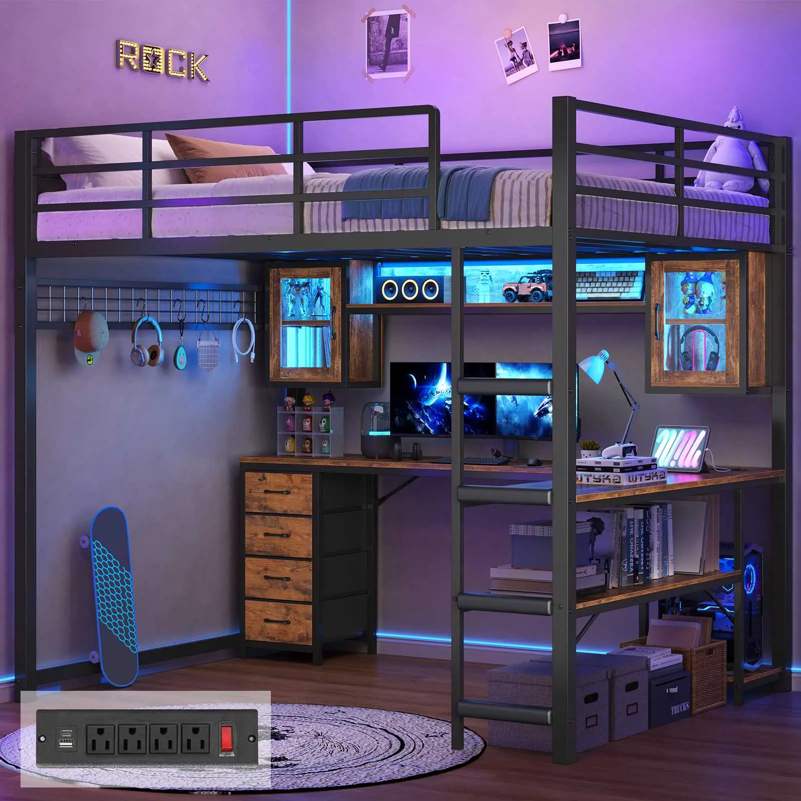 ADORNEVE Full Size Gaming Loft Bed with Desk & Hutch, Storage Drawers, Safety Power Outlet, Metal Loft Bed Frame with RGB Lights, Space Saving Gamer Loft for Teens, Guardrail & Ladder