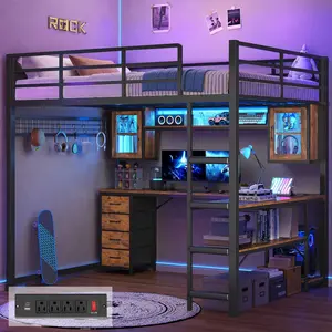 ADORNEVE Full Size Gaming Loft Bed with Desk & Hutch, Storage Drawers, Safety Power Outlet, Metal Loft Bed Frame with RGB Lights, Space Saving Gamer Loft for Teens, Guardrail & Ladder