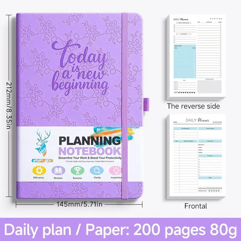 PU Leather Hardcover Undated Planner Notebook - 200 Pages, Elastic Band, Pen Loop, Ribbon Bookmark, Structured Layout, Task Tracker, Office Organizer for Business Professionals, Daily Use Accessories for Everyday Life Productivity Boost