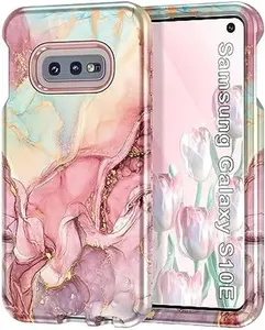 Phone Cases for Samsung Galaxy S10e Case, Heavy Duty Three Layer Marble Shockproof Full Body Rugged Hard PC+Soft TPU Bumper Drop Protection Women Girls Cover for Galaxy S10e, Rose Gold