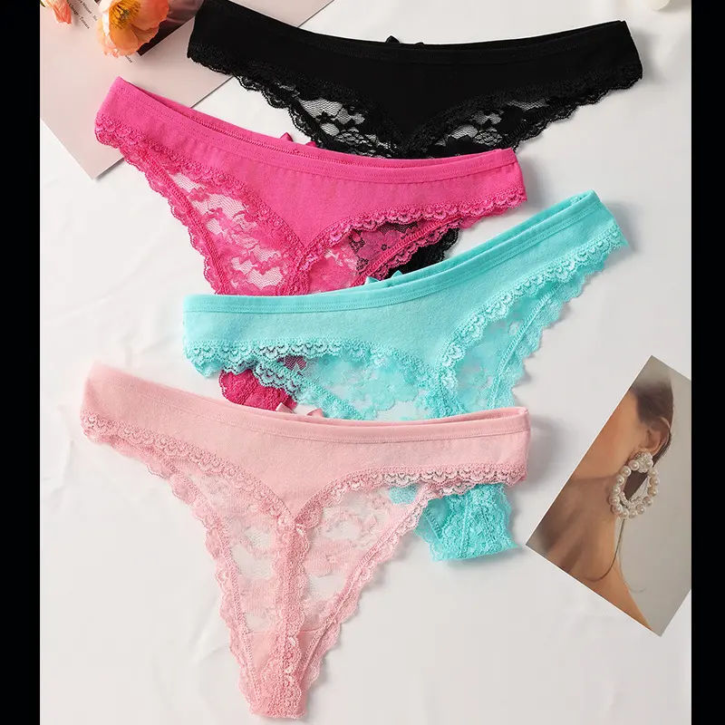 Women's Floral Lace Thong Panties, Low-Rise Sheer T-Back Underwear, 4-Pack Sexy Lingerie, Comfortable & Breathable for Daily & Special Occasions Cute Matching