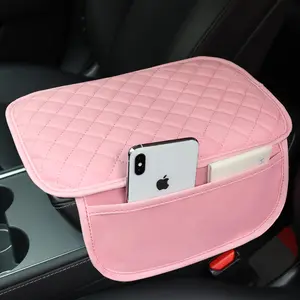 Upgraded Car Center Console Cover with 2 Pink Microfiber Storage Compartments for Universal Fit Comfortable Armrest Accessories