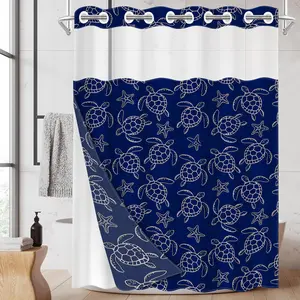 1PC Double Layer Shower Curtain, No Hooks, Navy Blue Sea Turtle and Starfish Print Waterproof Fabric, Minimalist Ocean Bathroom Decor, Fresh Whimsical Aesthetic, Hotel Bathroom Accessory, Detachable Buckle Shower Curtain and Liner, Bathroom Room Divider