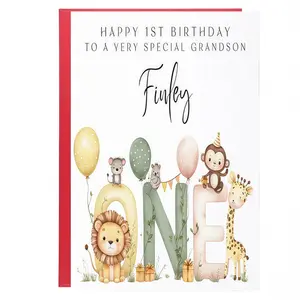Adorable Animal Themed Birthday Card for Grandson, One Letter Balloon Design, Perfect for First Birthday Celebration & Party Greetings
