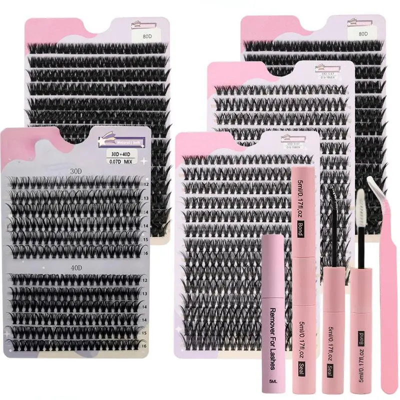 5 boxes of 80D/40D/30D luxury false eyelash extension kit - large capacity combination eyelashes with D-curled single eyelashes, eyelash clusters, eyelash bonding and sealing+eyelash removal, and tweezers - mixed 9-16mm eyelash extension kit for DIY eyela