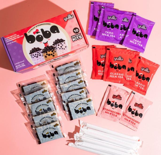 Boba Bundle Kit 10 Serv. Instant Bubble Pearl Variety Milk Tea Kit with Authentic Brown Sugar Tapioca Pearls by Yulu Foods - Ready in Under 1 Minute, Includes Paper Straws - Gift Box, Holiday (Classic, Taro and Strawberry)