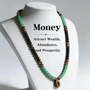 Green Aventurine & Tiger Eye Money Attraction Necklace, Natural Healing Crystal Pendant for Wealth & Prosperity, Long Chain Sweater Necklace, Ideal Gift Jewelry for Men and Women, Jewelry Charms for Anniversary, Vacation &Theme Parties