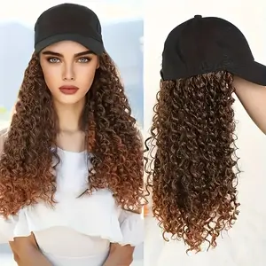 Black Baseball Cap with Long Kinky Curly Hair Extension - Adjustable Synthetic Wig for Women, 200% Density Afro Curly/Kinky Style, Perfect for Parties and Casual Attire, Hair Wig