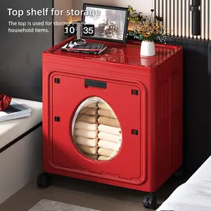 Large foldable storage bin with a flip-top lid, ideal for storing clothes and blankets. This versatile home storage solution features four casters and a transparent front window, making it perfect for bedrooms, bathrooms, and closets for clothing storage.