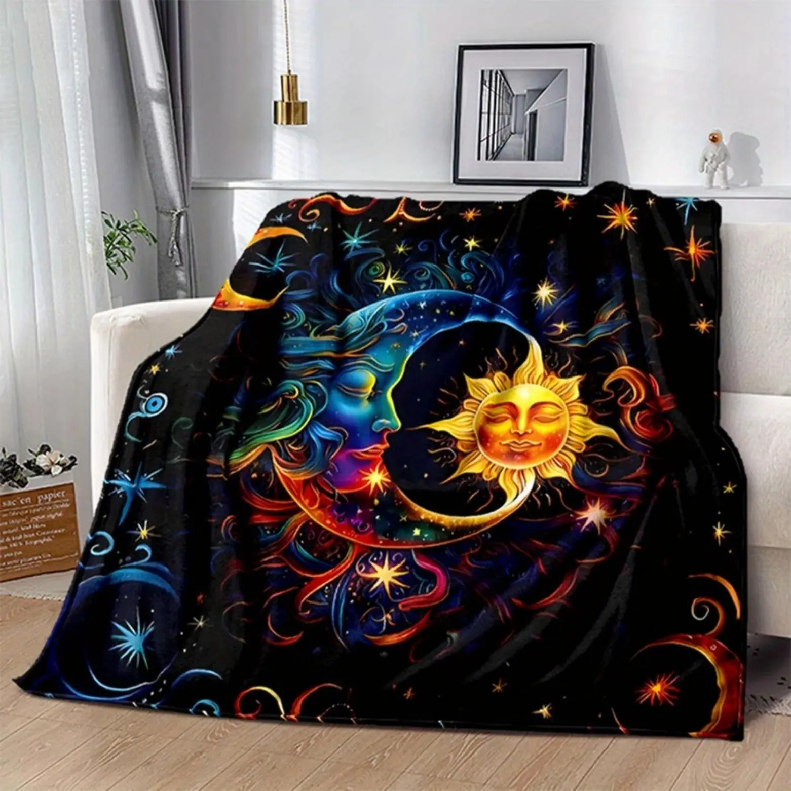 Flannel Fabric 3D Sun & Moon Starry Sky Warm Throw Blanket - Multi-Size, All-Season Cozy, Geometric Space Theme, Viking Decor for Infant, Child, Room & Living Room Use
