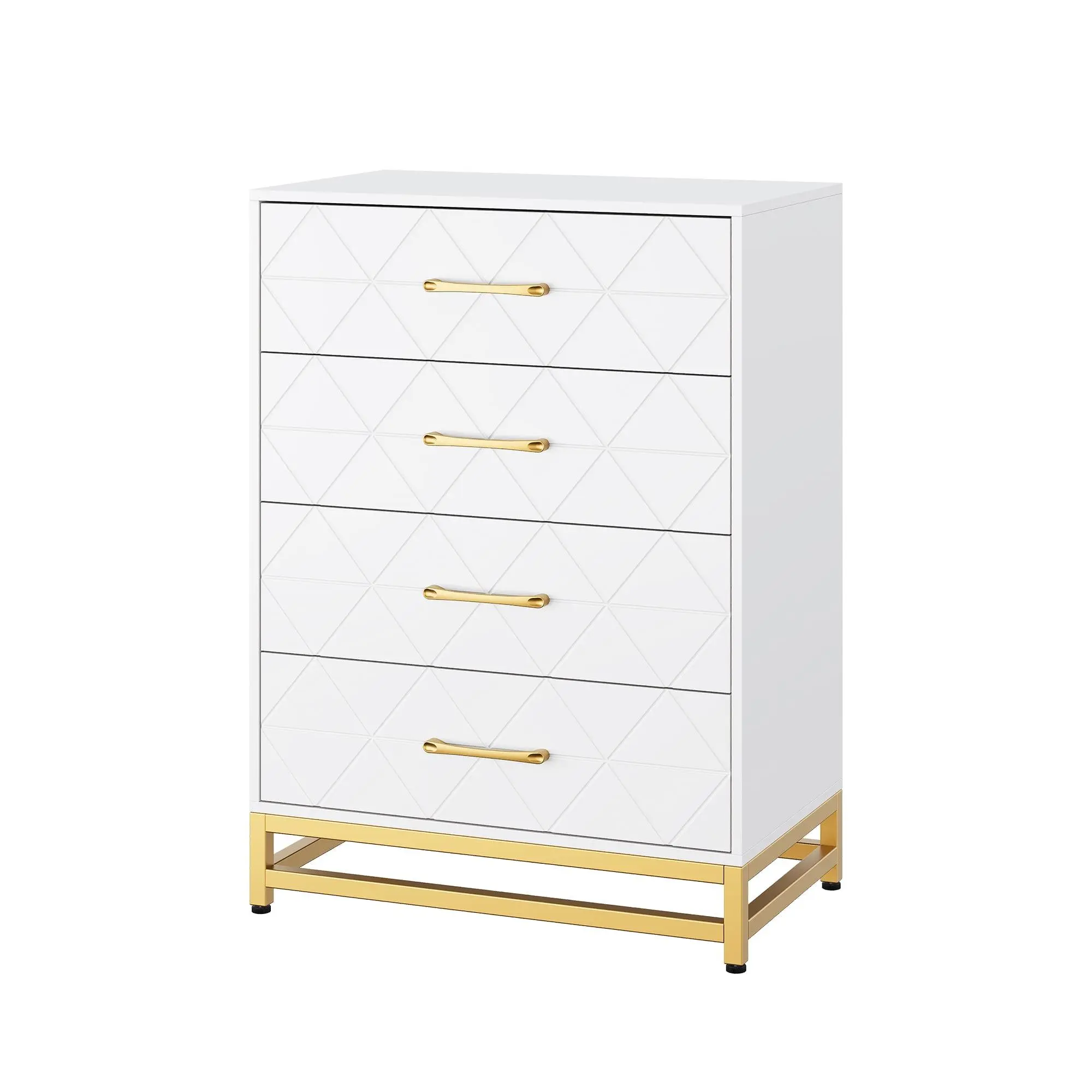 Gaomon 4-Drawer Triangle Grid Storage Cabinet, MDF+PB+Iron Build, Neutral Finish White Compact Chest with Easy Setup for Bedroom, Office