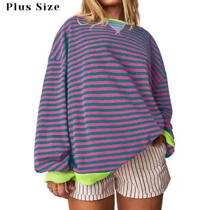 PALSTER Womens Plus Size Striped Oversized Sweatshirt Color Block Crew Neck Long Sleeve Shirt Casual Loose Pullover Top Y2K Clothes