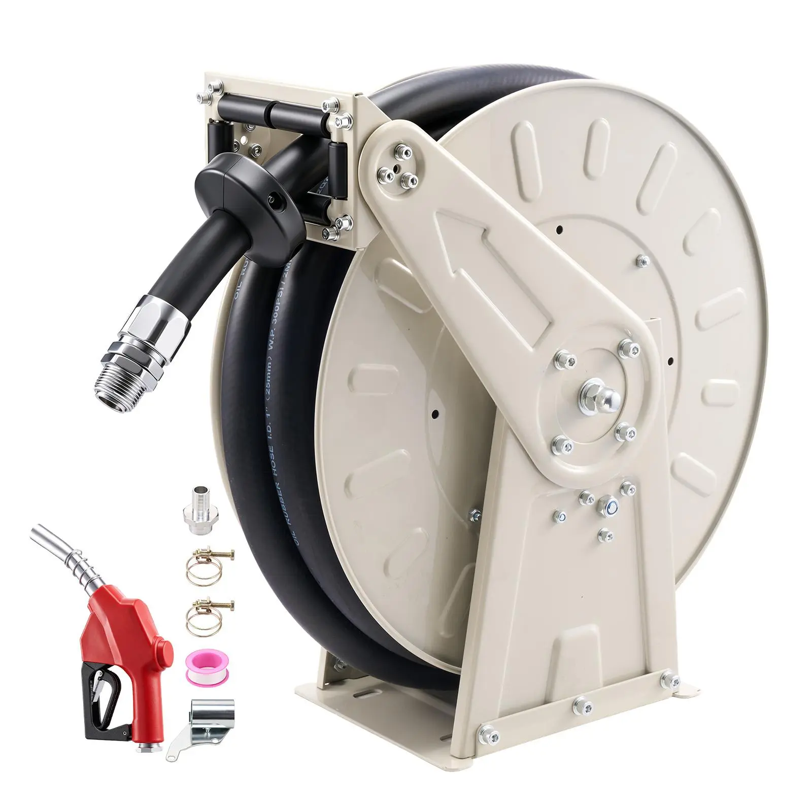 【Summerfinds】VEVOR Fuel Hose Reel, 1 inch x 33 ft Retractable, Spring Driven Auto Swivel Rewind, 300 PSI, Heavy-Duty Carbon Steel Construction with Industrial Grade Rubber Hose, for Diesel Fuel, Kerosene