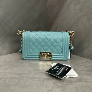 Pre-owned CHANEL Tiffany Blue Caviar Quilted Small Boy Bag Light Gold Hardware