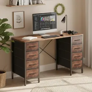2-Color 47 Inch Computer Desk with 8 Fabric Drawers, Home Office & Gaming Desk with X-Shaped Reinforced Frame, Black/Rust Brown Writing Table