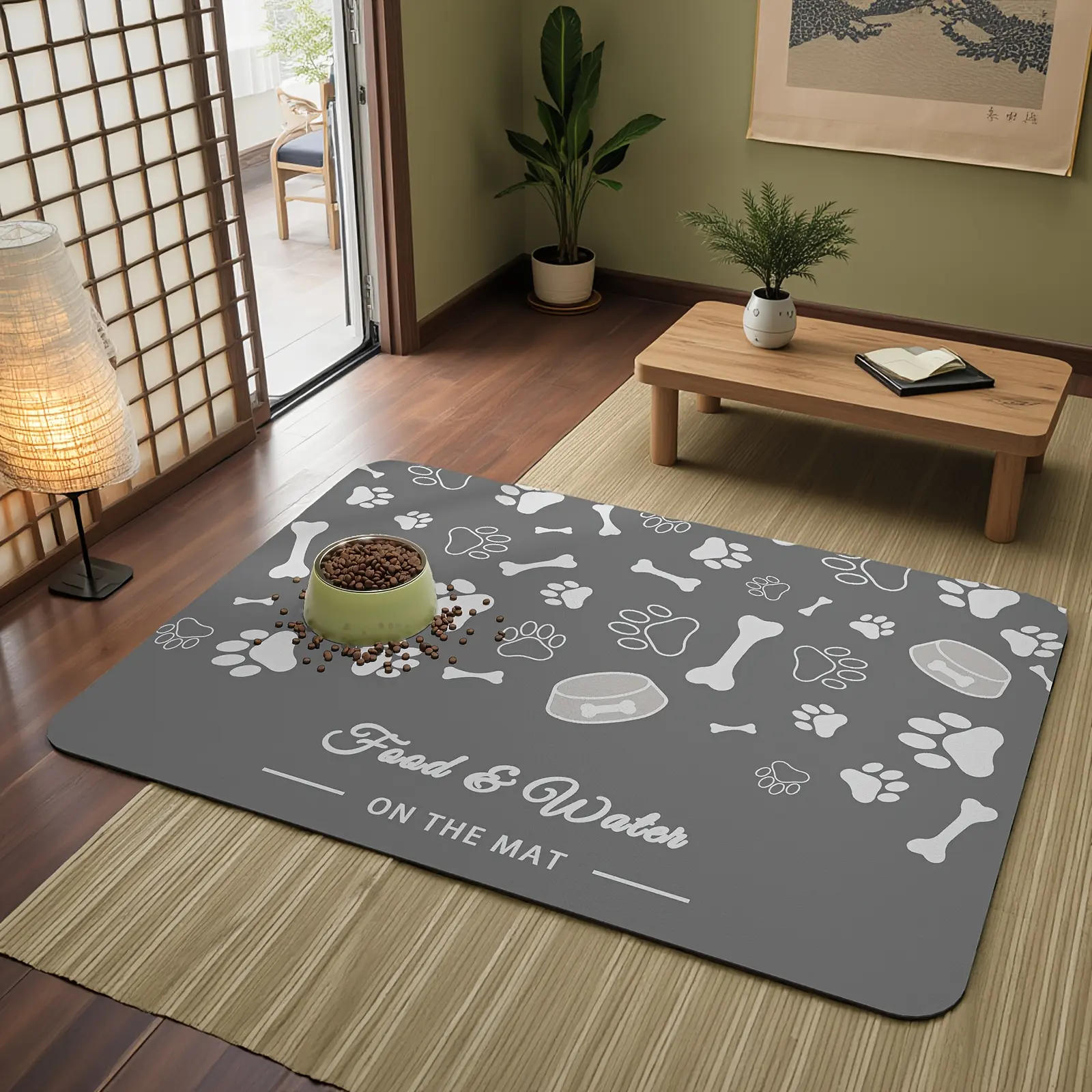 Quick-Dry Easy-Clean Pet Feeding Mat with Dog & Cat Illustrations Reusable Durable Diatomaceous Earth Mat for Food & Water Bowls Entryway Mat for Home Pet Essentials Playful Design Quick Dry Mat