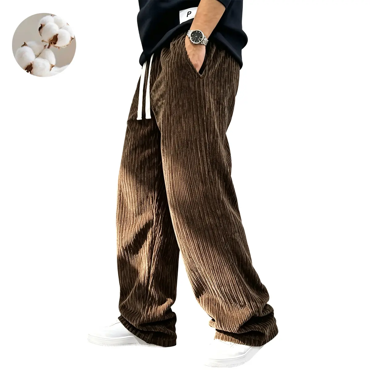 Men’s casual loose-fit long pants made from soft, skin-friendly fabric, featuring an elastic drawstring waist and side pockets.Loose straight-leg design for unrestricted movement, suitable for commuting, shopping, relaxing at home, and casual streetwear o