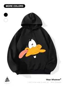 Classic Looney Tunes Cartoon, Daffy Duck Silly Duck Graphic Print Long Sleeve T-Shirt, Casual Breathable Unisex Top, Geometric Pattern, All Seasons Fashion