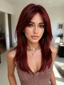 Wine 22 Inch Straight Wig, Layered Design Women's Wig, Heat Resistant Synthetic Fiber Full Machine Made Cap, Social Daily Party Fashion Wig