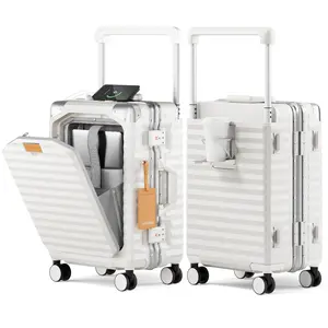 20 inch Carry on Luggage with Aluminium Frame and Front Pocket, PC Hardshell Suitcase with USB Port, Cup Holder, TSA Lock and Spinner Wheels