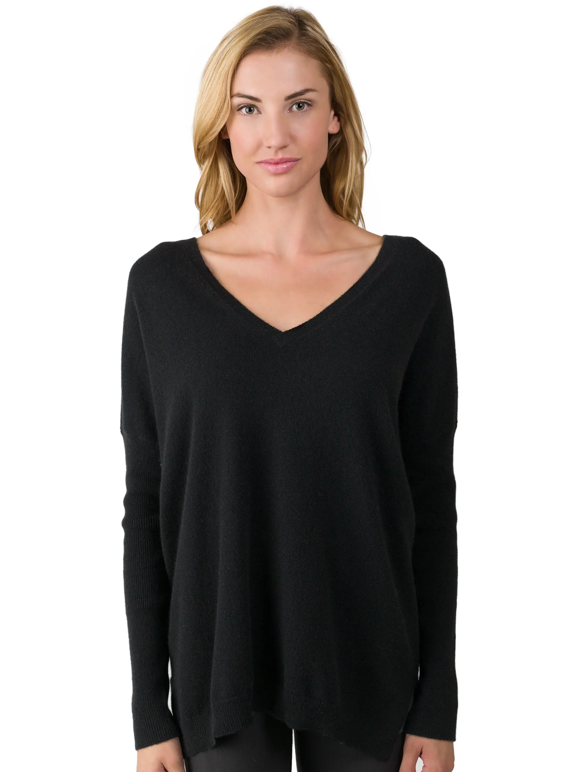 J CASHMERE Women's 100% Cashmere Slouchy Dolman Sleeve Double V Neck Sweater