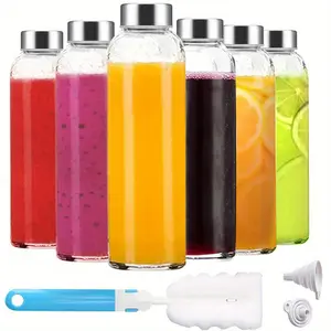 Clear Glass Juice Bottle with Lid & Brush, 6 Counts/set Reusable Glass Water Bottle with Stainless Steel Cap, Leak Proof Drinkware for Indoor & Outdoor,Clear Glass Bottles with Lids 18 oz, Reusable Glass Water Bottles with Stainless Steel Cap for Juicin
