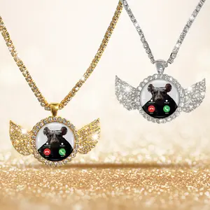 Funny Mouse 14K Gold Plated Simulated Gem Tennis Necklace - Tim Cheese Call Graphic, Iced Out Rhinestone Wing Chain Jewelry, Funny Accessories, Fun Homage, Casual Wear, Mouse Graphic, Ideal for Mens Gifts.