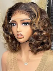 14 Inch Soft Highlighted Wavy Wig, Body Wave Wig, 180 Density, 13x4x1 Front Lace, Pre-Trimmed Realistic Hair, Suitable for Daily Wear, Women, Lace Front Wigs