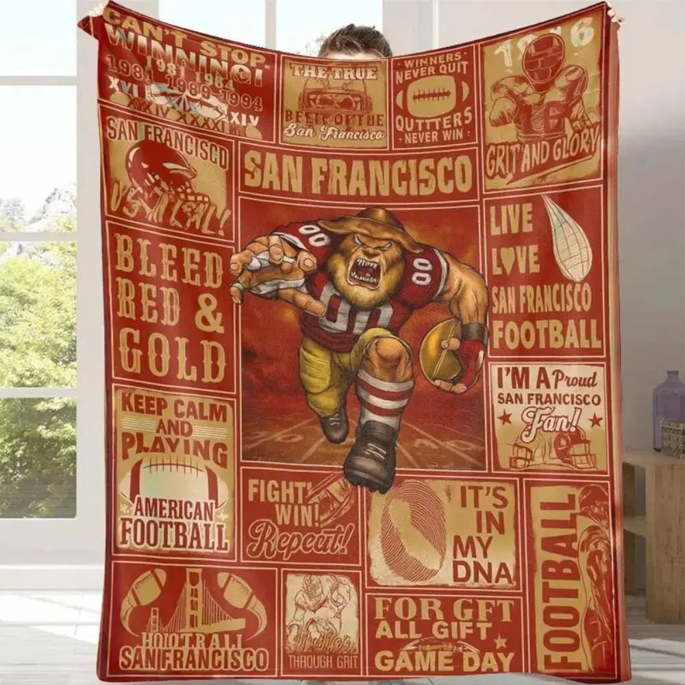 San Francisco Football Flannel Throw Blanket, Soft Warm Bleed Red & Gold Fleece, Vintage Sports Decor for Bed Sofa Couch Man Cave, Unique Birthday Christmas Gift For SF Fans Men Dads