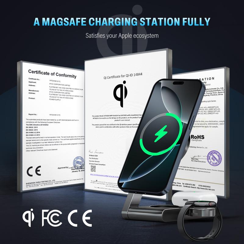 UltraQ 3 in 1 Wireless Charging Station, Ultrathin Foldable Aluminum Alloy Wireless Charger for iPhone 16/15/14/13/12 Series, AirPods Magsafe Charger for iWatch Series
