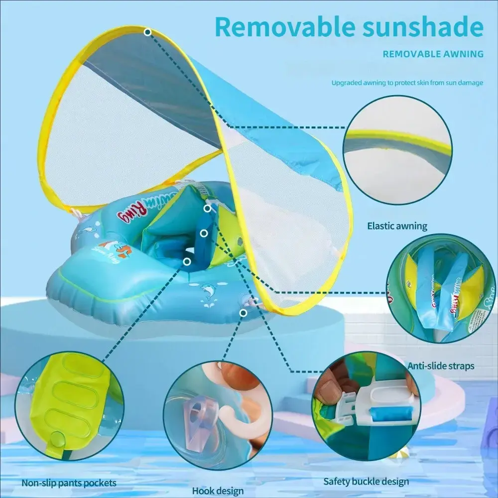 【Summervibes】Inflatable Swim Ring with Canopy, Kiddie Inflatable PVC Swim Ring with Sunshade, Water Play Sun Protection Lifebuoy, Beginner Swimming Inflatable Swim Ring, Inflatable Pool Floaters