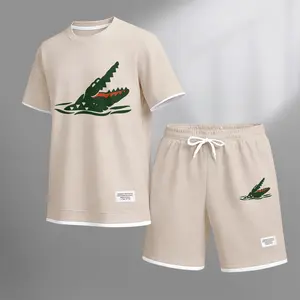 Men's Funny Cartoon Crocodile Print Waffle Fabric Short-Sleeved Shirt And Shorts Set