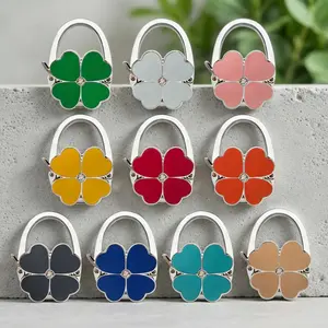 Cross Border Pink Sparkling Clover Foldable Bag Hook, Solid Color Portable Wallet Hook, Women'S Desktop Handbag Holder