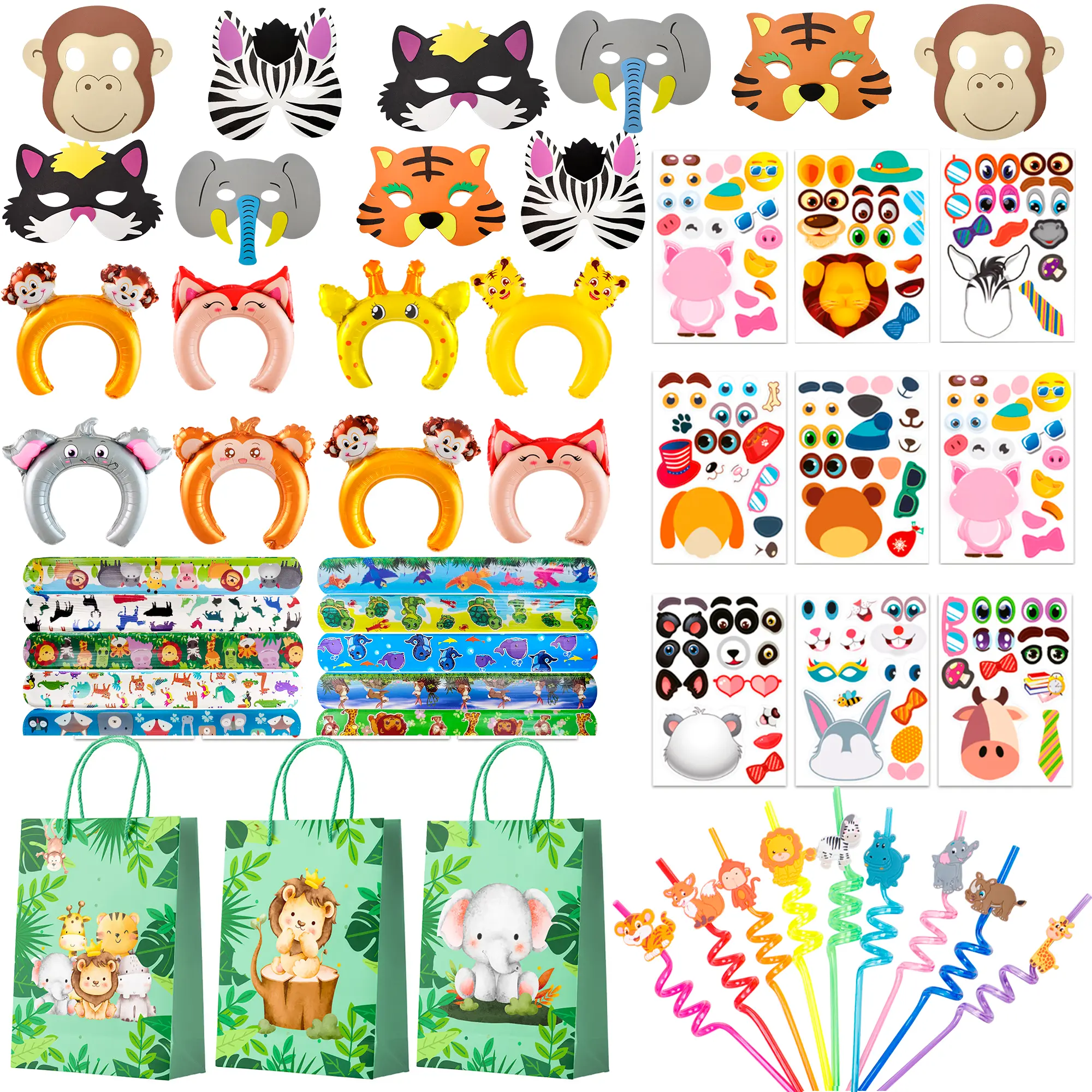 Jungle Safari Party Favors, 60pcs Jungle Safari Birthday Party Favors Set Includes Safari Party Slap Bracelets Stickers Straws Balloon, Animal Mask, Safari Goodie Bags etc Jungle Party Favors for Kids