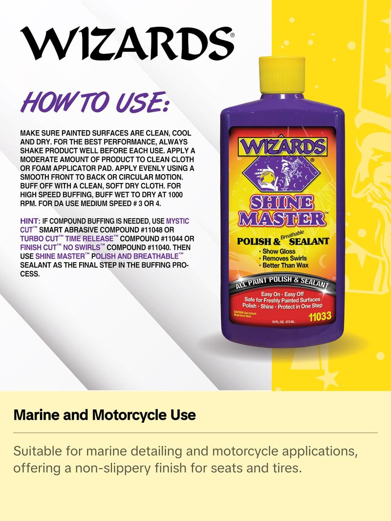 Wizards Shine Master Polish and Sealant - Cleans, Polishes and Seals Paint in One - Non-Carnauba Wax-Based Boat Water Spot Remover - Wax Replacement for Boat and Car Detailing Supplies