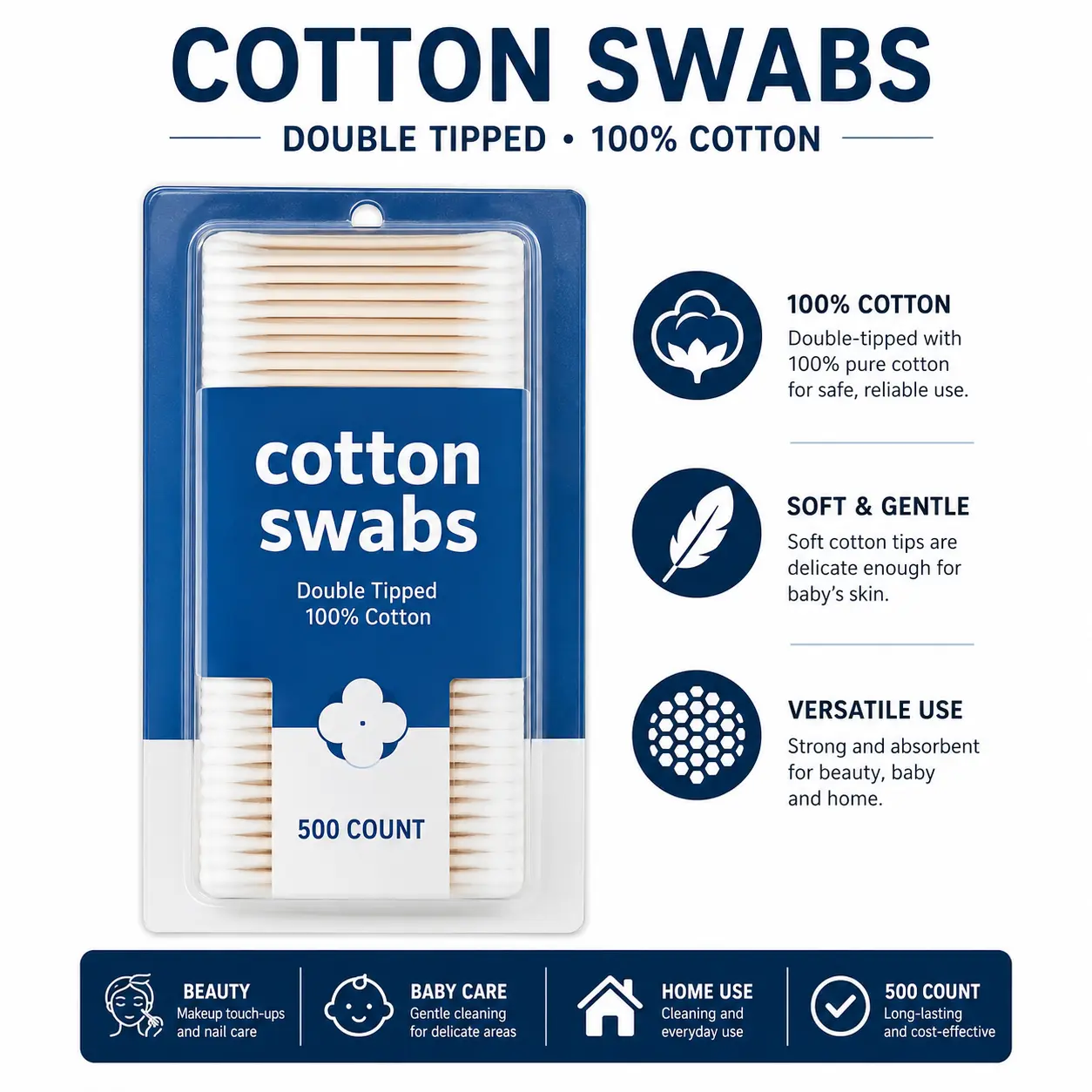 Double-Tipped Cotton Swabs, 100% Cotton Tips for Personal Care, Baby Care, Beauty, Makeup, First Aid & Home Use, Soft Cotton Applicators, 500 Count  Alternative SEO Version