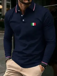 Men's Long Sleeve Fitted Polo Shirt with Mexican Flag Print, Fashionable Casual Design for Modern, Comfortable Fabric for Daily Wear