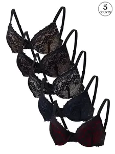 5pcs women Lace Push Up Underwire Bra with Adjustable Straps and Back Buckle Featuring a Beautiful Back for Dates and Everyday Use