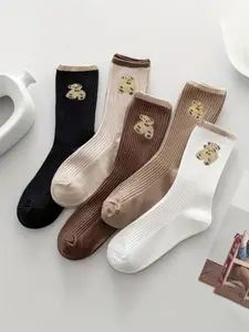 5 Pairs Teddy Bear Pattern Mid-Calf Socks, Soft Breathable, Perfect for Daily Wear, Match Various Styles of Clothing