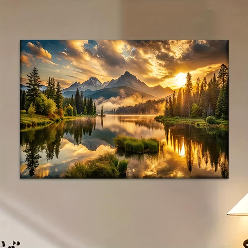Wooden Framed Canvas Painting Wall Art1 piece of wooden framed canvas wall art Calm Lake and Mountain landscape Abstract painting, suitable for living room, office, bar, library, cafe decoration Mother's Day Wrapped in canvas
