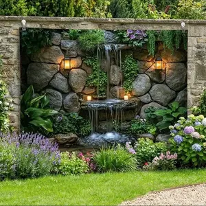 A 2D Flat Backdrop Made of Polyester Featuring a Waterfall And Vibrant Greenery, Perfect for Garden-Themed Occasions And, This Adaptable Outdoor Party Banner Comes in Various Sizes And Requires No Power
