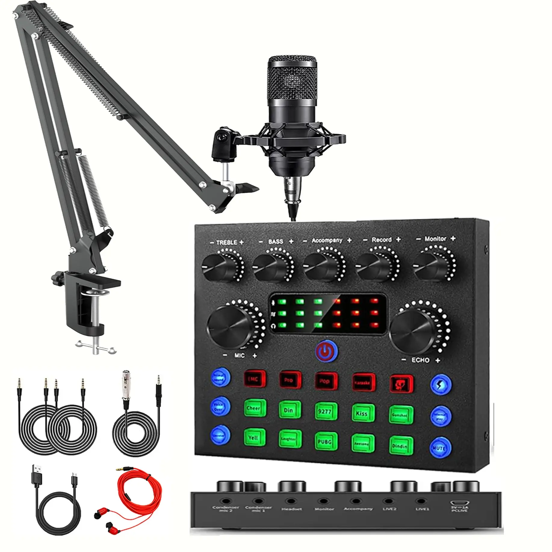 V8S Podcast Microphone Bundle, with BM-800 Style Condenser Mic & Live Sound Card & 10 DJ Effects & Bluetooth, for Singing Gaming Live Streaming YouTube TikTok Recording for 2 People on PC/Smartphone Recording Studio Equipment