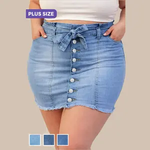 【Plus Size】 High Waisted Denim Mini Skirt – Button Front Bow Tie, Flattering Stretch Curve Fit