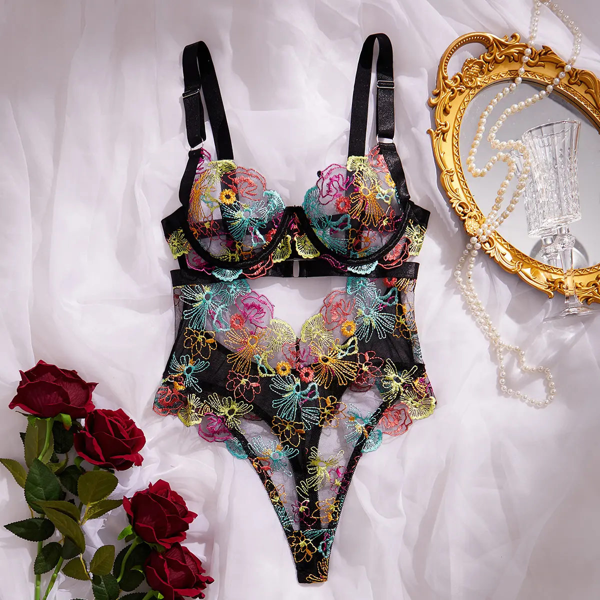 Women's French Style Underwire Bustier Bodysuit - High Stretch Lace, Colorful Floral Embroidery, Body Contouring Shapewear, Full Coverage, Elastic, XL Lingerie