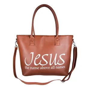Passage Jesus Print Faux Leather Tote Bag with Shoulder Strap