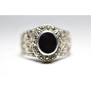 Onyx ring marcasites Art Deco floral band boho sterling silver women Size  8.75