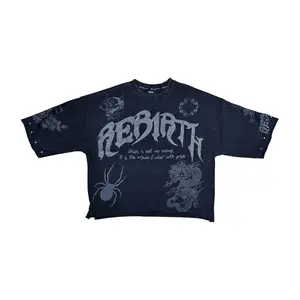 WH-SM6140 - Rebirth with Studs n Rhinestone Cropped Top Graphic T-Shirt