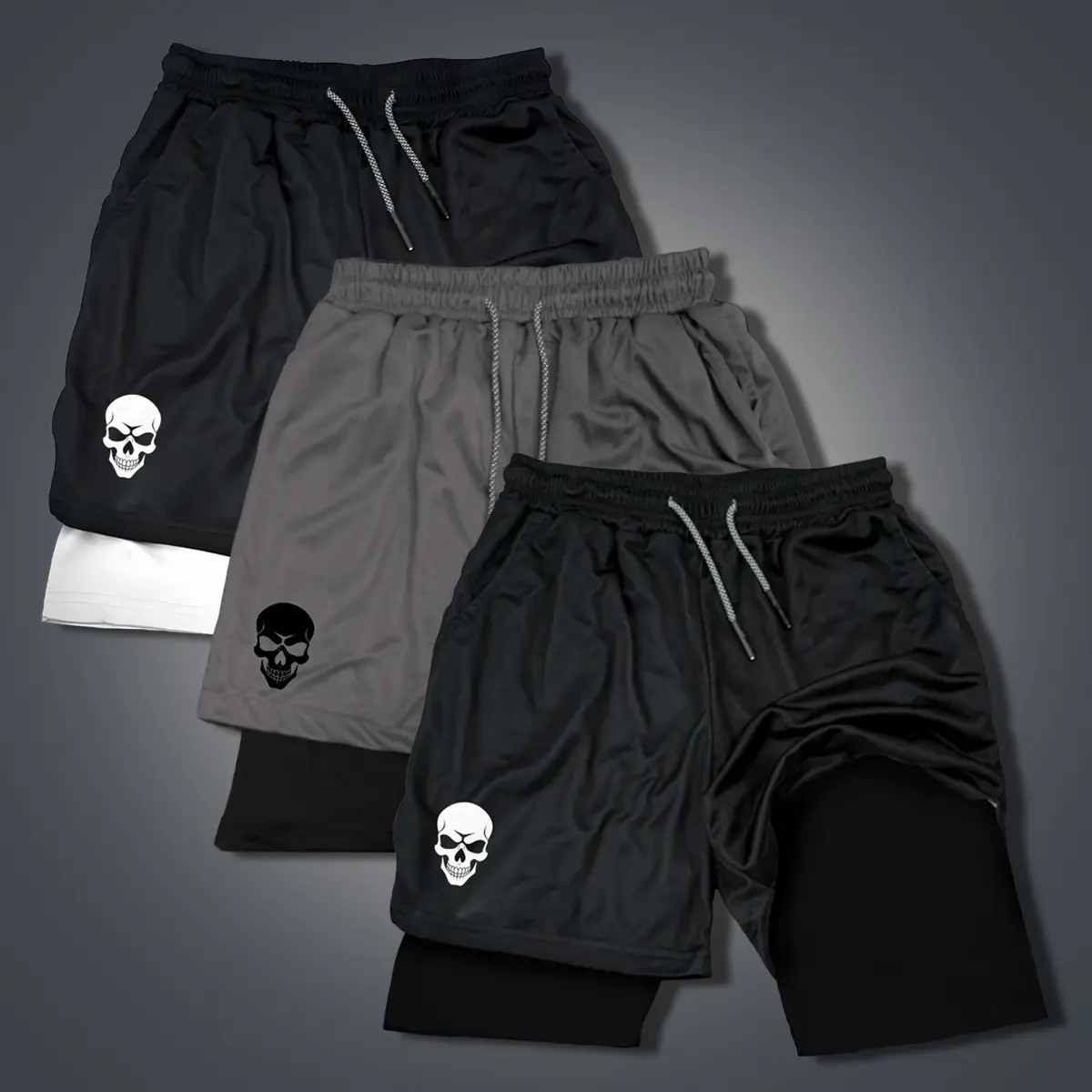 [ Three-piece Set ] Skeleton Icon Double-Layer Sports Shorts Graphic Shorts Black Shorts Camo Shorts Streetwear Shorts Men Outfits Men Short Shorts Vacation Outfits Shorts