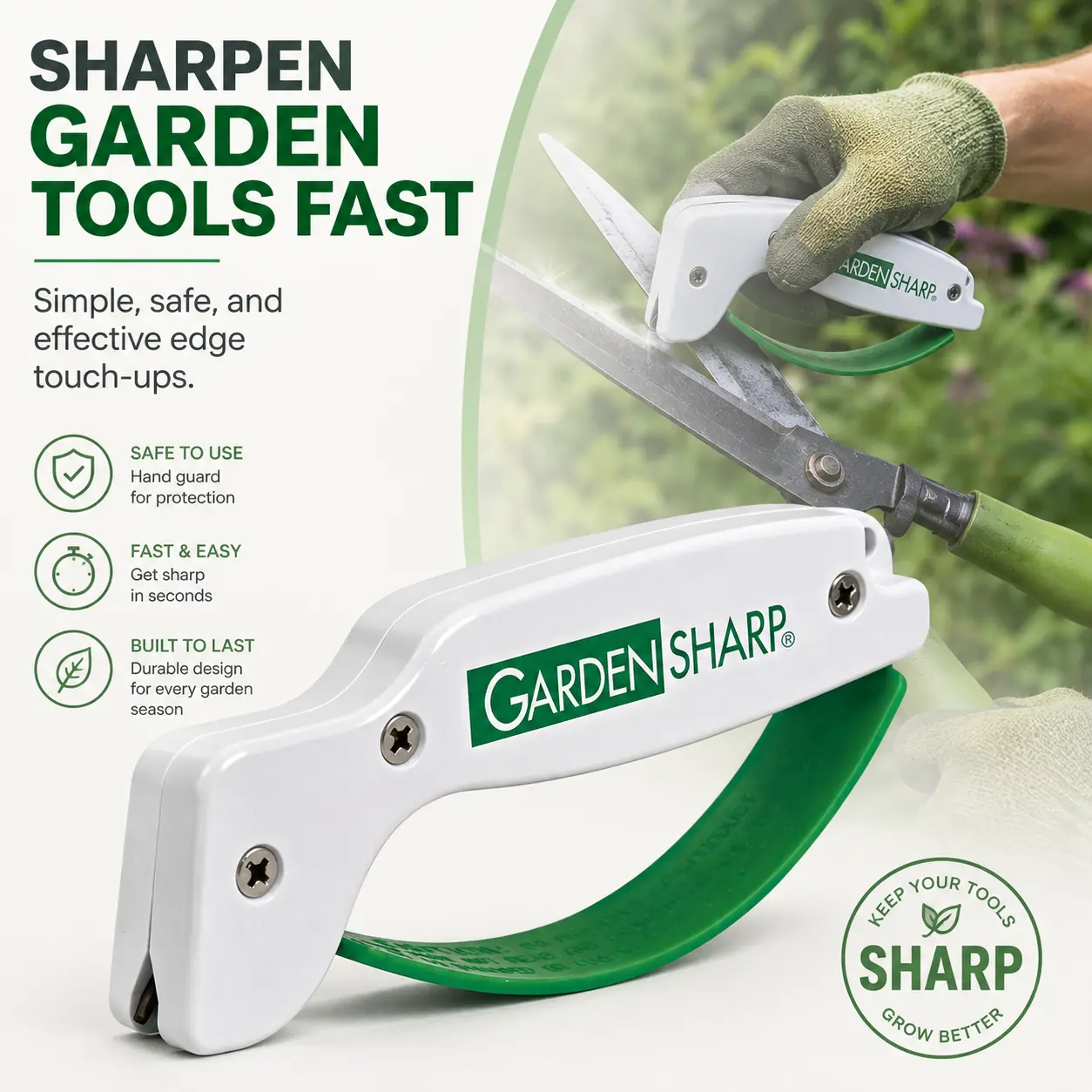 GardenSharp AccuSharp Gloss Tungsten Carbide 1-Stage Garden Tool Sharpener with Reversible Diamond-Honed Blade, Finger Guard, Rust-Free, Dishwasher-Safe Design for Lawn Mower Blades, Pruning Shears, Landscapers, Reversible Blade